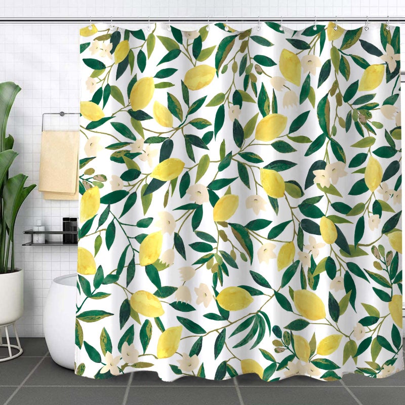 Lifeel Lemon Shower Curtain, Allover Fruits Green Leaves Plant Design Waterproof Fabric Bathroom Curtains Set with 12 Hooks, Green Yellow 72×72 inch - Image 3